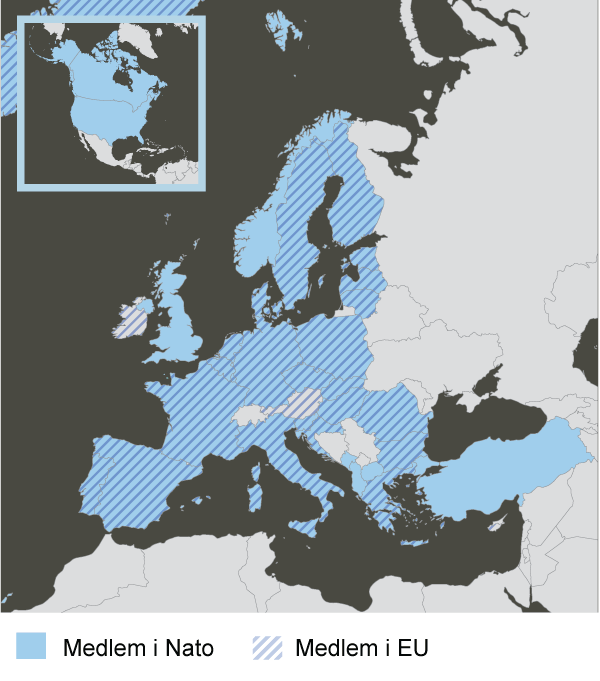 Figur 14.9 NATO og EU dekker i dag store deler av Europa. Flere sentrale NATO-medlemmer er imidlertid ikke med i EU, deriblant, USA, Canada, Storbritannia, Tyrkia – og Norge. Kartet viser medlemmer av henholdsvis NATO og EU i 2023. 4. april 2023 ble Finland med...
