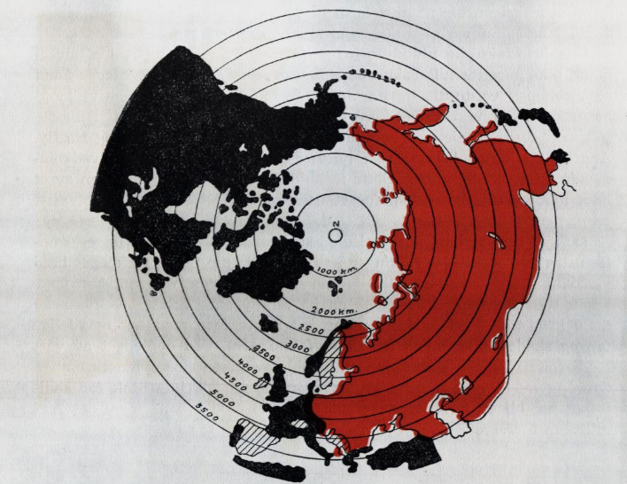 Figur 2.6 Forsvarskommisjonen av 1946 brukte dette kartet i sin rapport og beskrev hvordan «et blikk på kartet er nok til å vise at Norge vil komme til å ligge i faresonen om det skulle komme en ny verdenskrig».