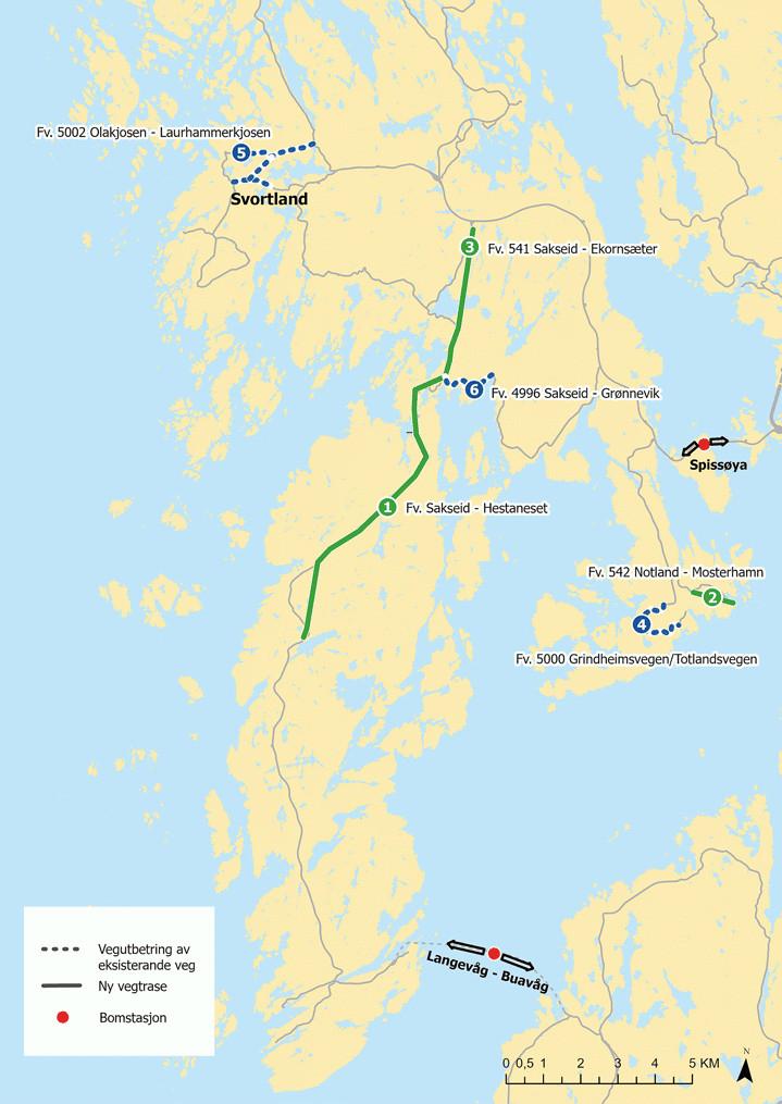 Figur 3.1 Kartskisse: Prioriterte prosjekt 1–3 er merka med grønt og bompengeinnkrevjing er merka med raudt. Prosjekt på reservelista 4–6 er merka med blått.