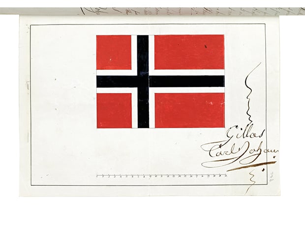Figur 1.2 I 1821 gav Kong Carl Johan sin sanksjon til eit stortingsvedtak om eit norsk handelsflagg. Biletet viser vedlegget til kongeleg resolusjon av 13. juli 1821 med Carl Johans signatur.