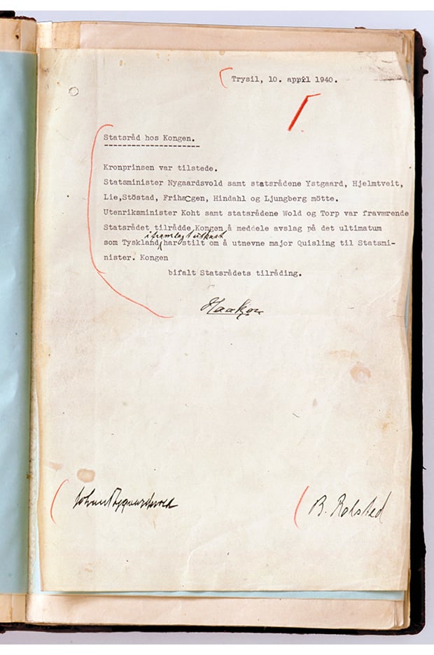 Figur 2.12 Kongens «nei» 10. april 1940, underteikna av Kong Haakon og statsministeren. Avslaget på ultimatumet frå tyskarane om å utnemne Quisling til statsminister innebar i realiteten ei krigserklæring mot tyskarane.