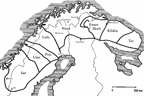 Figur 7.1 Kart over de samiske dialektenes tradisjonelle utbredelse