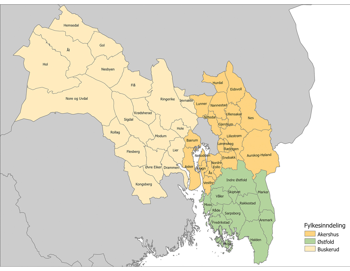 Figur 4.1 Nye fylker ved deling av Viken etter søknad fra fylkestinget
