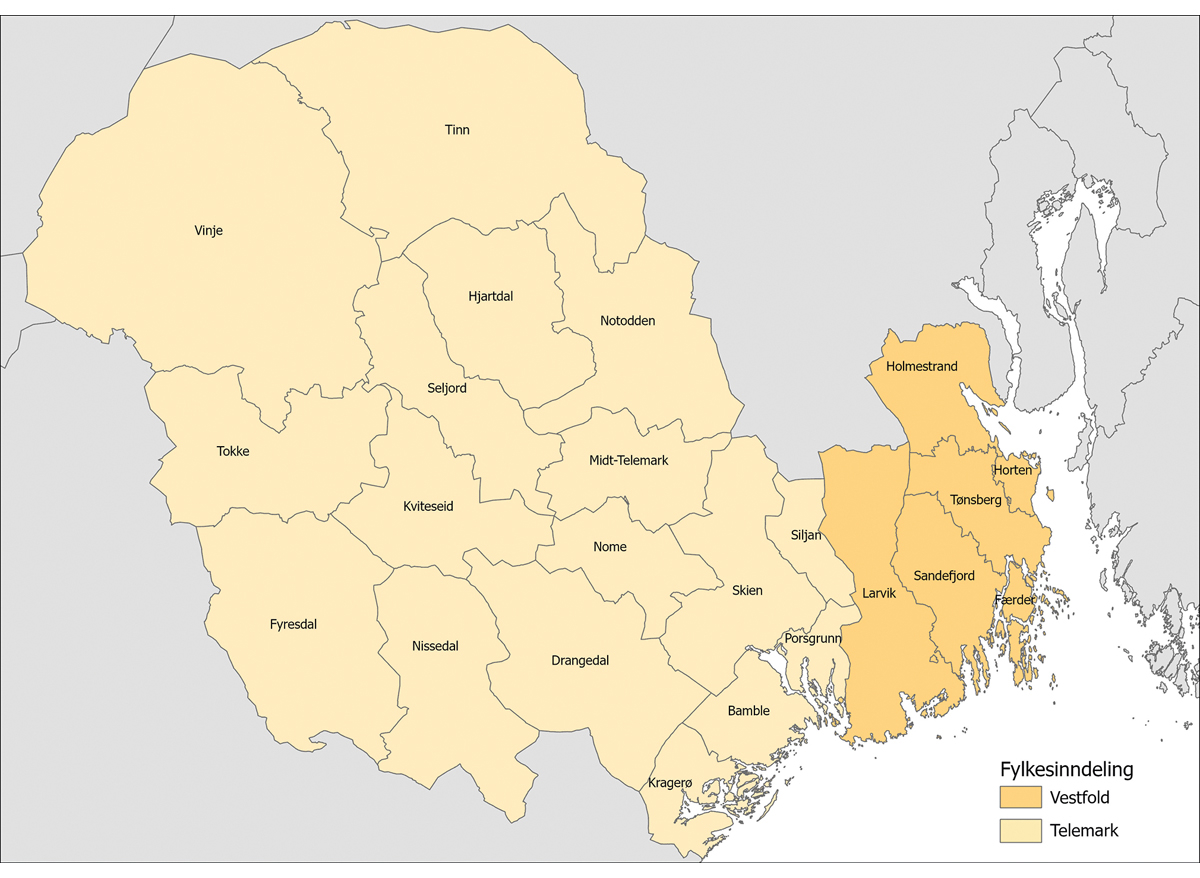 Figur 4.2 Nye fylker ved deling av Vestfold og Telemark etter søknad fra fylkestinget
