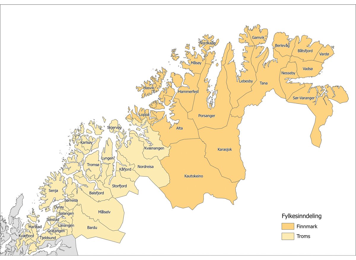 Figur 4.3 Nye fylker ved deling av Troms og Finnmark etter søknad fra fylkestinget
