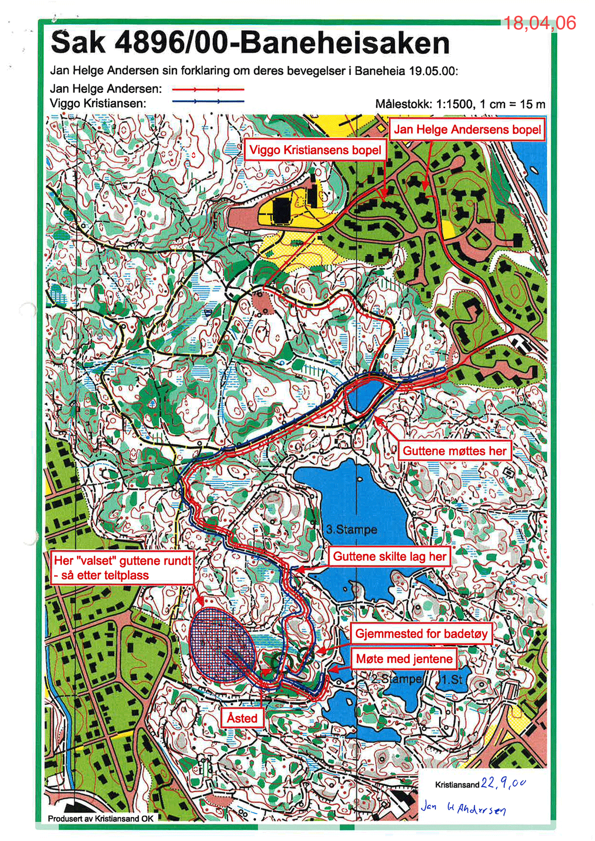 Figur 3.4 Kart over Jan Helge Andersens og Viggo Kristiansens bevegelser i Baneheia fredag 19. mai 2000 i henhold til Andersens politiforklaringer. Andersen undertegnet kartet i avhør 22. september 2000.