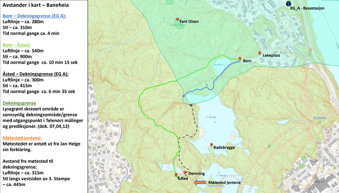 Figur 7.1 Kart over Baneheia, med angitt avstand mellom sentrale steder. Kartet er utarbeidet av Oslo politidistrikt for utvalget.