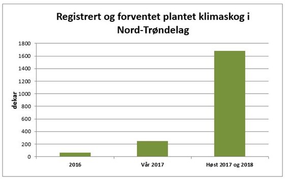 Registrert og forventet plantet klimaskog i Nord-Trøndelag.
