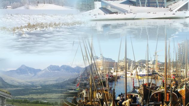 Forsidebildet til kulturmiljømeldingen. En kollasj som viser landskap, operahuset i Oslo og gamle seilbåter.
