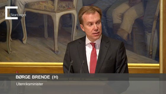 Minister of Foreign Affairs, Børge Brende, in the parliament during his address. Photo: stortinget.no