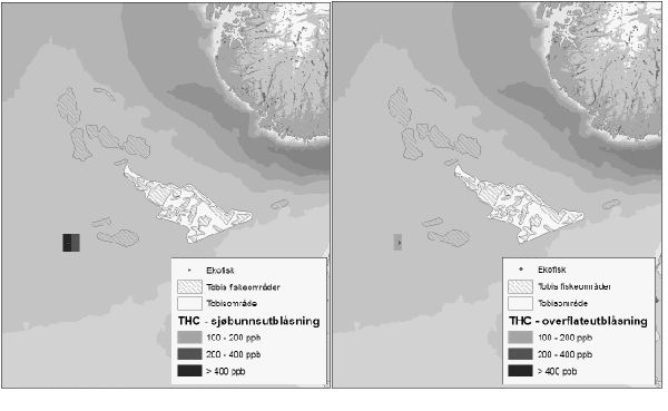 Figur 1.1 Overlapp mellom laveste effektkonsentrasjon ved utblåsning fra Ekofisk (hhv havbunnsutblåsning (til venstre) og overflateutblåsning) og registrerte tobisområder.