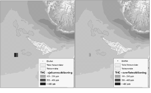 Figur 1.1  Overlapp mellom laveste effektkonsentrasjon ved utblåsning fra Ekofisk (hhv havbunnsutblåsning (til venstre) og overflateutblåsning) og registrerte tobisområder.