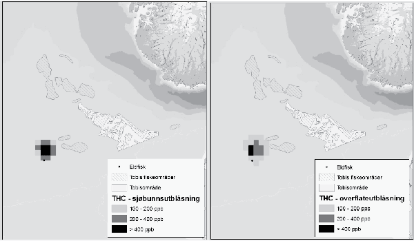 Figur 2.1 Overlapp mellom laveste effektkonsentrasjon ved utblåsning fra Eldfisk (hhv havbunnsutblåsning (til venstre) og overflateutblåsning) og registrerte tobisområder.