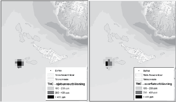 Figur 2.1  Overlapp mellom laveste effektkonsentrasjon ved utblåsning fra Eldfisk (hhv havbunnsutblåsning (til venstre) og overflateutblåsning) og registrerte tobisområder.