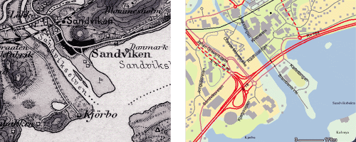 Figur 4.3 Utsnitt fra kart over Sandvika, Bærum kommune. Originalmåling fra 1880 og kartdata fra Internett 2003