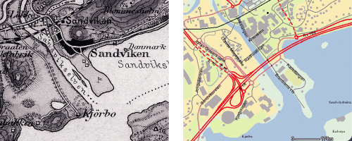 Figur 4.3 Utsnitt fra kart over Sandvika, Bærum kommune. Originalmåling fra 1880 og kartdata fra Internett 2003