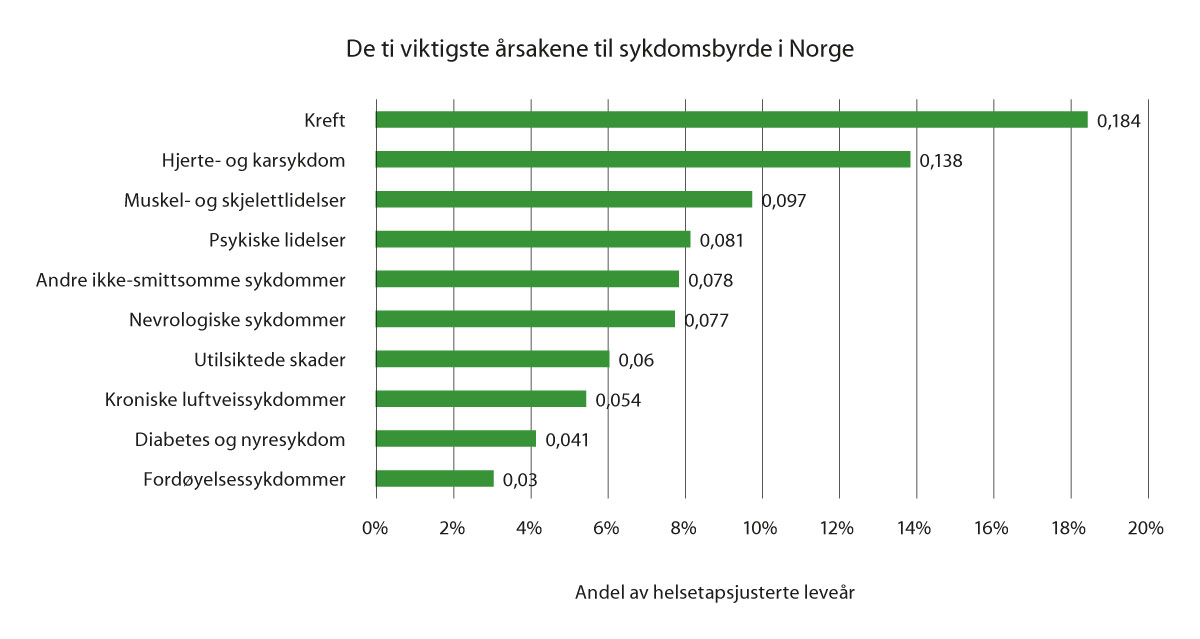Figur 1.1 De ti viktigste årsakene til sykdomsbyrde i Norge, etter andel (%) av totale rater av helsetapsjusterte leveår (DALY) i befolkningen.1