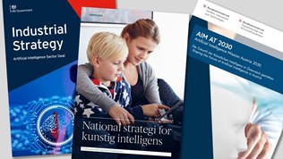 Forsider av KI-strategiene fra Storbritannia, Danmark og Østerrike