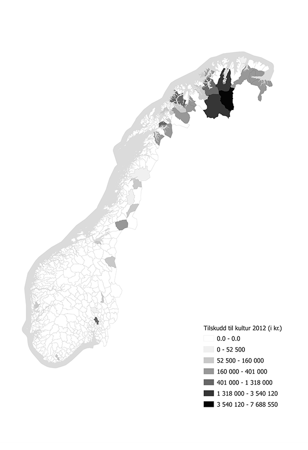 Figur 1.1 Kommunevis fordeling av de søkerbaserte kulturtilskuddene i 2012.