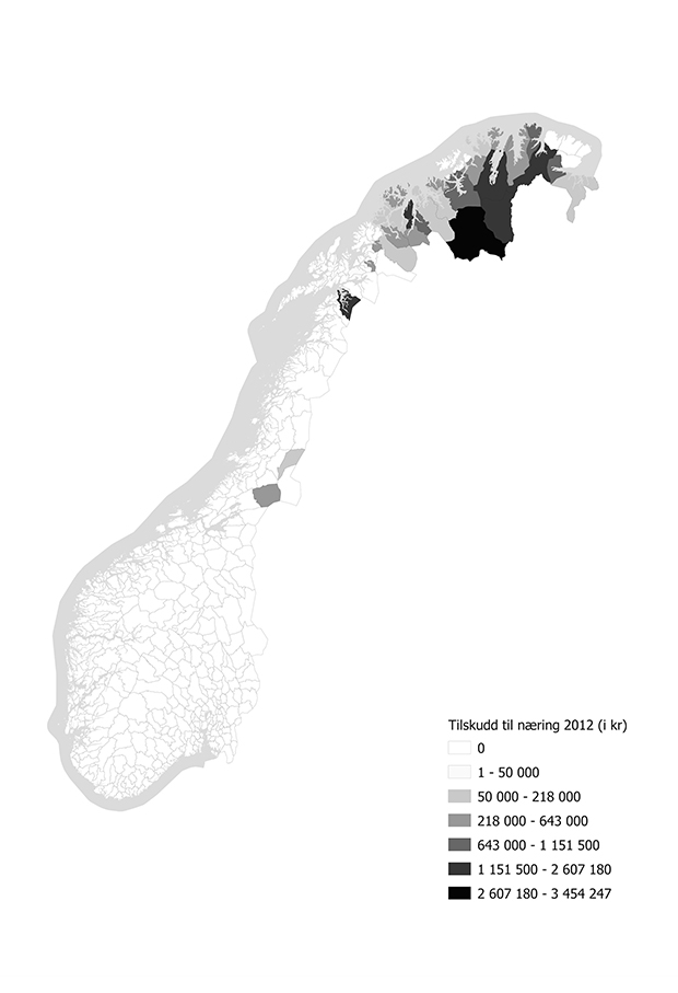 Figur 1.6 Kommunevis fordeling av de søkerbaserte næringstilskuddene i 2012.