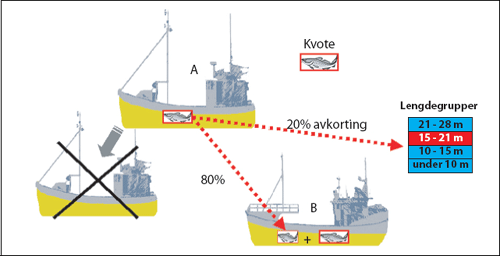 Figur 7.6 Illustrasjon av hvordan strukturkvoteordningen for kystflåten
 vil fungere ved avkorting.