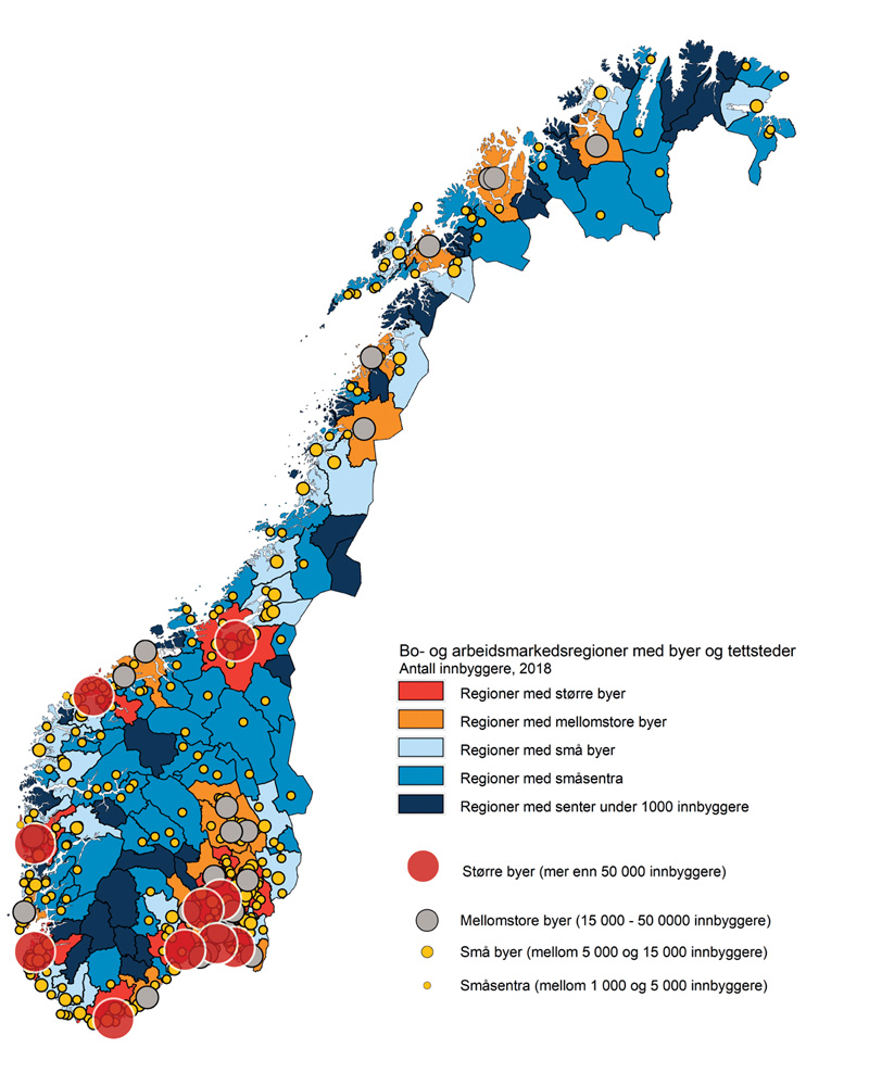 Figur 3.3 Bo- og arbeidsmarkedsregioner etter størrelse på største by eller senter i regionen
