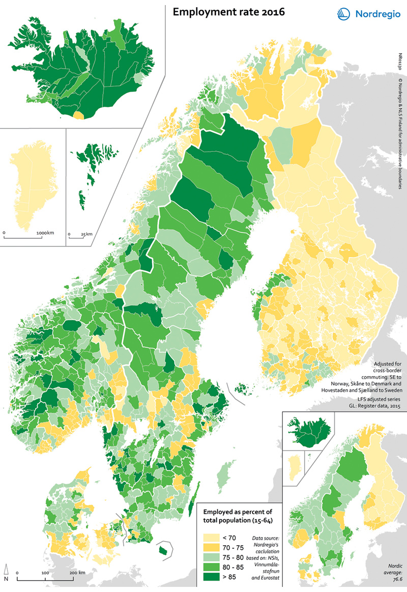 Figur 3.9 Sysselsettingsandel av befolkningen (15–64) i nordiske regioner i 2016