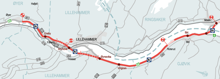 Figur 5.1 Plassering av bomsnitt på ny E6 Moelv – Øyer 
