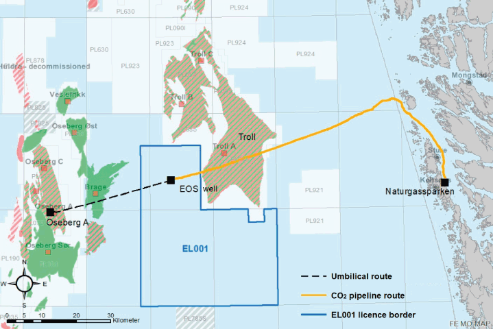 Figure 8.1 Location of exploitation licence EL001 with pipeline route and route for control cables
