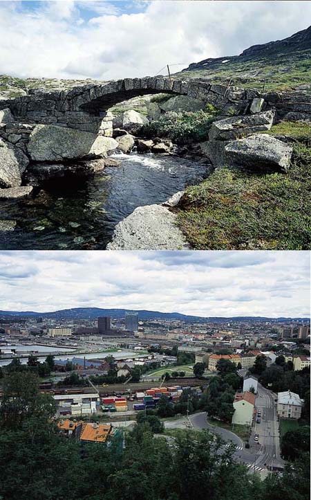Figur 3.1 Mangfoldet i kulturarven. Bro på Hardangervidda og
 Oslo sett fra Ekebergåsen