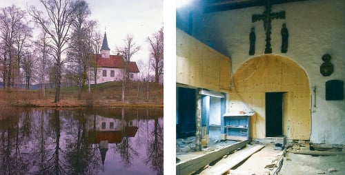 Figur 5.7 Skoger gamle kirke i Drammen hadde stort behov for vedlikehold.
 Med råte i gulv og tak og hussopp i treverket, måtte
 det omfattende restaureringsarbeider til. Kommunen tok økonomisk
 ansvar og bygningen er nå satt i stand.