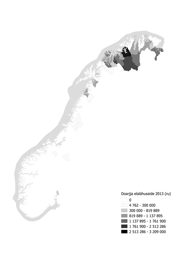 Govus 1.9 Kárttas oidno movt ohcanvuđot ealáhusdoarjagat leat juohkásan 2013:s gielddaid mielde.