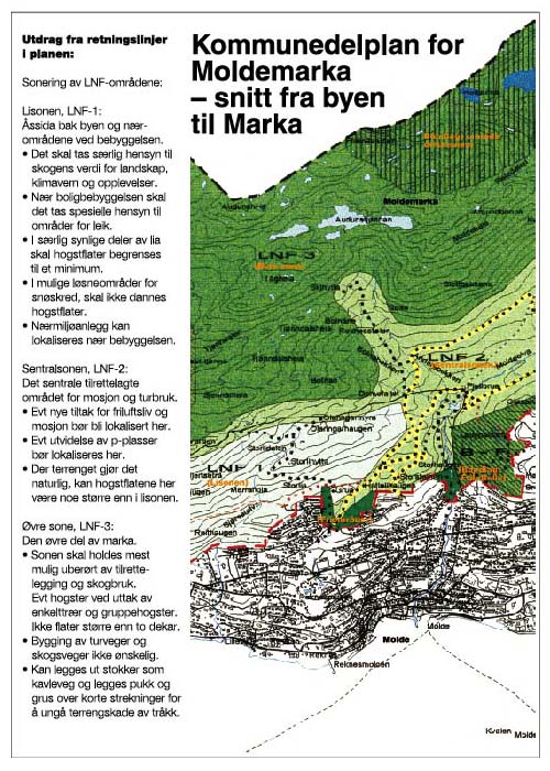 Figur 7.4 Døme på sonering og markagrense (raud strek)
 i kommunedelplan for Moldemarka. Utsnitt av plankart og forkorta
 utdrag frå retningslinjene.