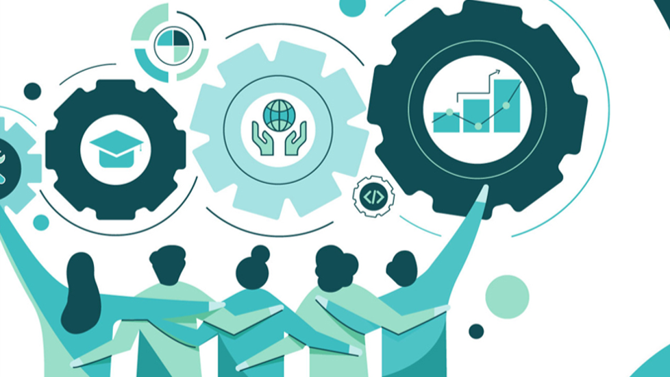 Illustrasjon av mennesker og tannhjul