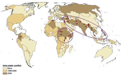 Figure 10.1 The map shows the geographic distribution of conflicts
 in 2006 (red symbols in brown countries) and countries with conflicts
 concerning territory during the period 1989–2005 (beige
 countries).