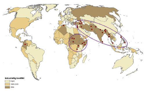 Figur 10.1 Kartet viser den geografiske fordelingen av konfliktene
 i 2006 (røde symboler i brune land) samt land med konflikt
 på eget territorium i perioden 1989–2005 (beige
 land).