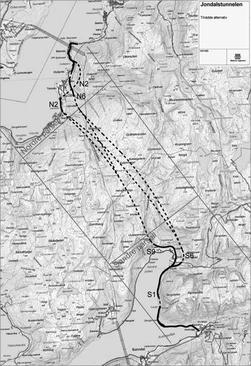 Figur 2.2 Kart som viser alternative løysingar for Jondalstunnelen