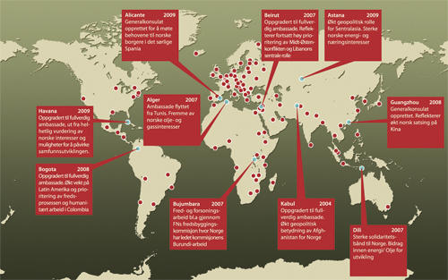 Figur 21.1 Oversikt over norske utestasjoner med eksempler på nyetableringer
 i perioden 2004 – 2009. Flere stasjoner
 er nedlagt, flyttet eller har endret status i samme periode.
