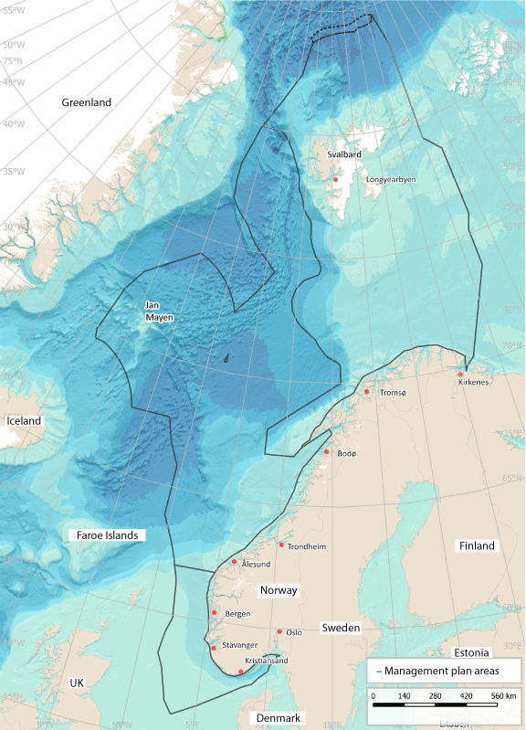 Figure 2.4 Map of the three management plan areas: the Barents Sea–Lofoten area, the Norwegian Sea and the North Sea and Skagerrak