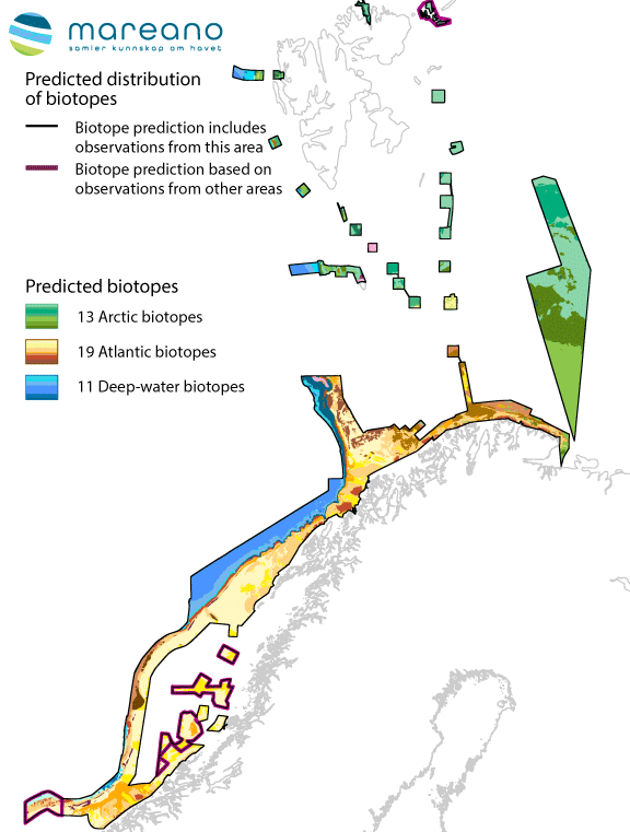 Figure 3.13 General biotope map showing the predicted distribution of benthic biotopes in the Norwegian Sea and Barents Sea.