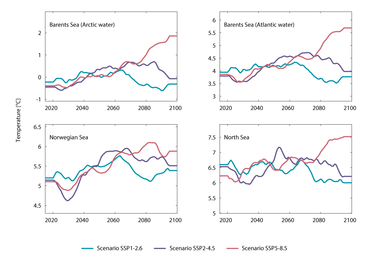 Figure 3.23 Projected surface water temperatures (°C) in March for the period 2015-2100 in ocean basins and neighbouring coastal waters. The colours of the time series indicate the emission scenarios used: SSP1-2.6 (blue), SSP2-4.5 (purple) and SSP5-8.5 (red). T...