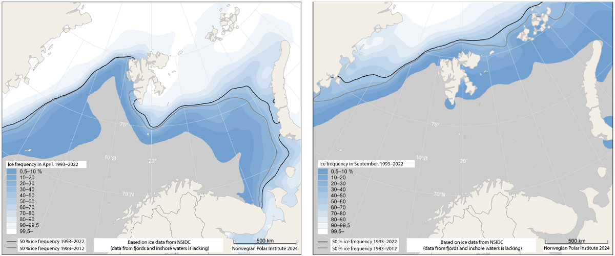 Figure 3.4 Sea ice extent in the Barents Sea and Fram Strait. The maps show the situation in April, when sea ice extent normally reaches its annual maximum, and September, when it is at a minimum. Sea ice extent is shown as ice persistence, based on a time seri...