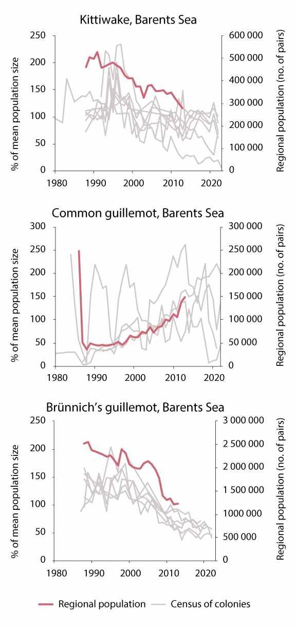 Figure 3.6 Seabird populations in the Barents Sea. Population trajectories for kittiwake, common guillemot and Brünnich's guillemot. Bold red lines show the estimated population size, thin grey lines show figures from monitoring at specific colonies.