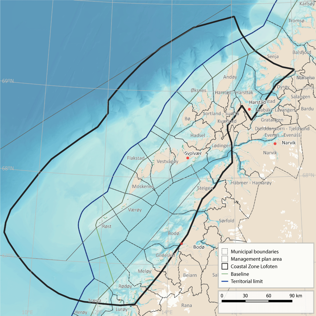 Figure 4.18 Map of the pilot area for ecosystem services, Coastal Zone Lofoten, showing municipalities within and adjacent to the area.