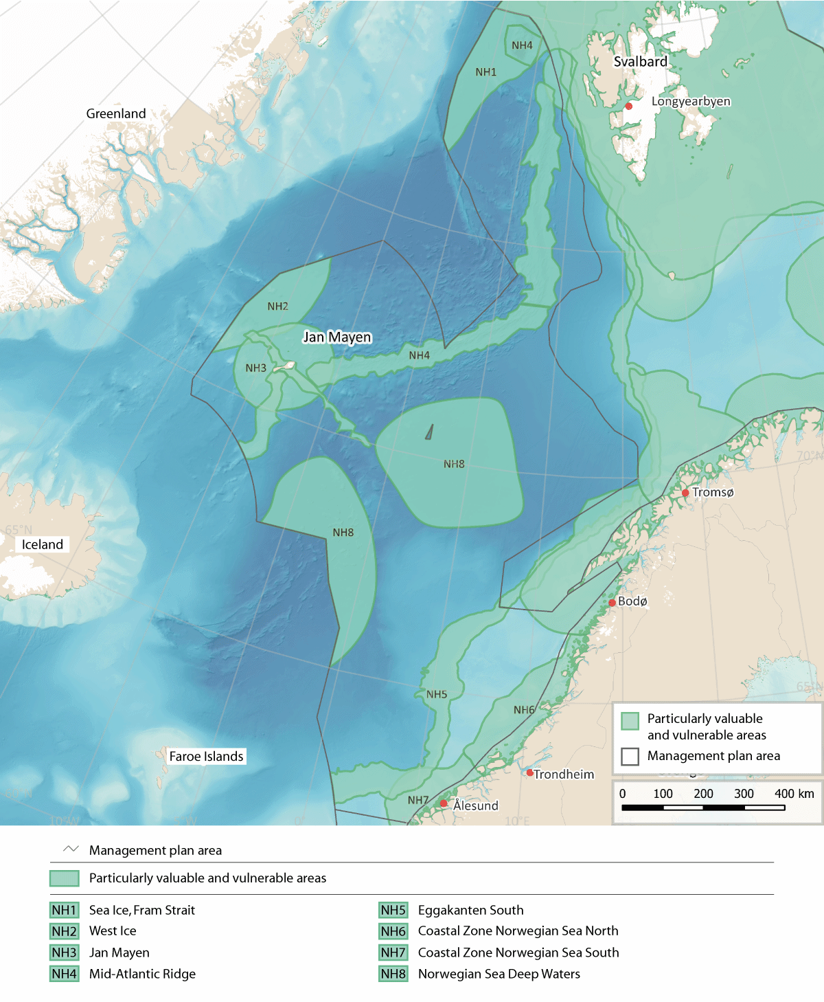 Figure 4.6 Particularly valuable and vulnerable areas in the Norwegian Sea management plan area.