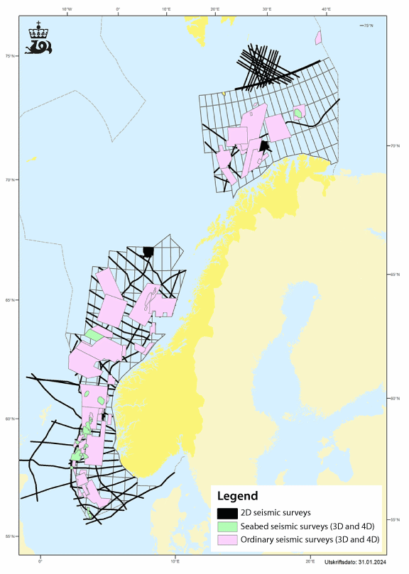 Figure 5.7 Areas of the Norwegian continental shelf where seismic surveys were carried out in the period 2017–2021.