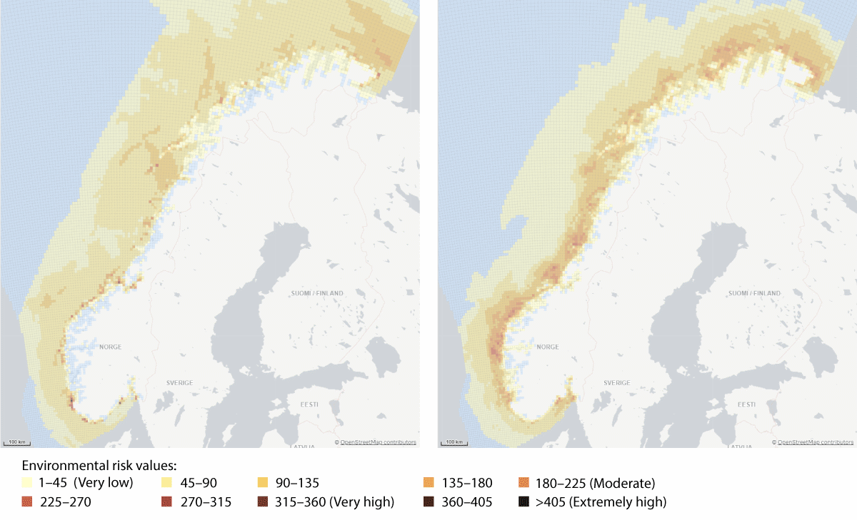 Figure 6.1 Examples of how the Norwegian Coastal Administration's analysis of the environmental risk associated with shipping can be presented in map form. The two maps show environmental risk values for surface water in January (left) and July (right) 2019. Th...