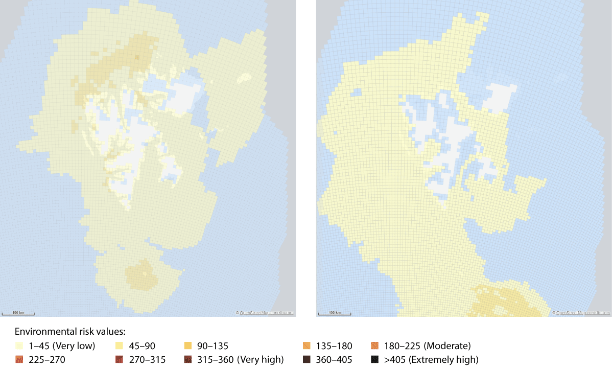 Figure 6.2 Maps showing environmental risk values for the waters around Svalbard, including Bjørnøya, for July (left) and January (right) 2019.