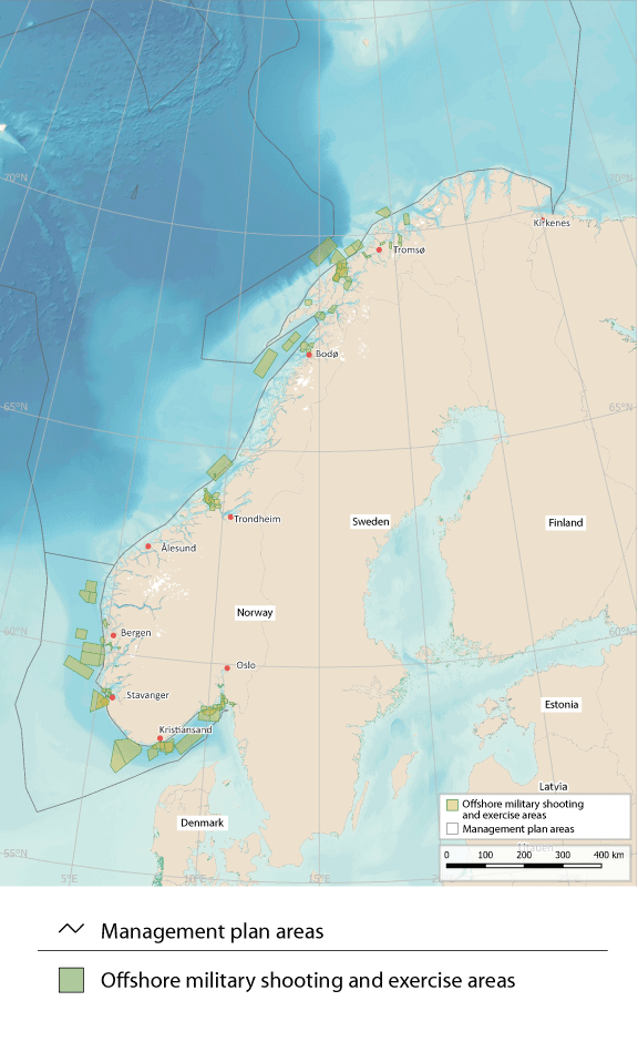 Figure 7.11 Offshore military shooting and exercise areas for the Norwegian Armed Forces