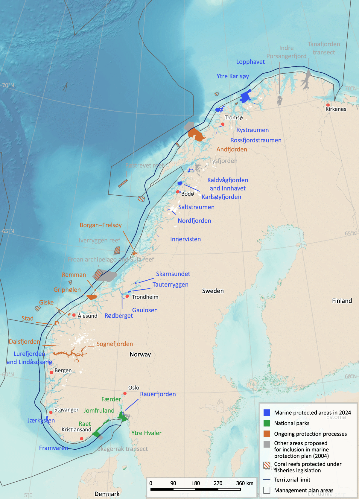 Figure 7.12 Existing and planned marine protected areas and other area-based conservation measures around mainland Norway.